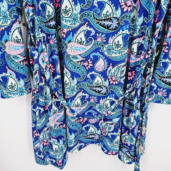Bobbie Brooks Sleepwear Short Robe L Blue Pink Paisley Print Soft Tie Waist New - Picture 10 of 14